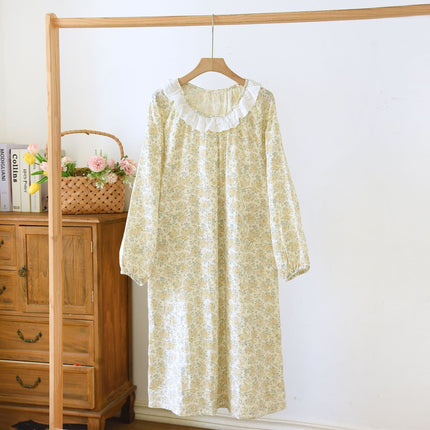 Women's Cotton Crepe Long Sleeve Lace Crewneck Nightdress Spring and Autumn Princess Style Seersucker Pajamas Outer Wear Home Dress