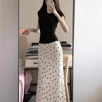 White Bow Floral Skirt for Women 2025 New Early Summer Thin High-Waist Slimming Look Hip-Hugging Fishtail Skirt Long Skirt