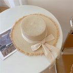Flat top hat raffia beige rice belt / M（56-58cm）
