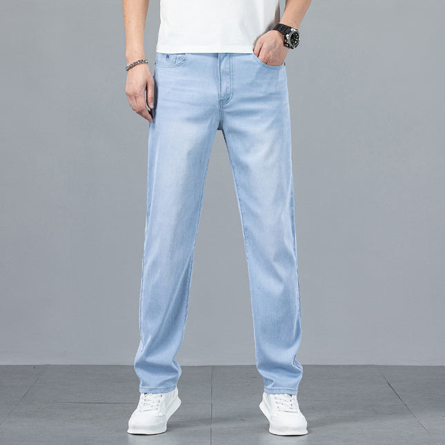 2025 Light Tencel Jeans Men's Straight Tube Loose Summer Thin Blue and White High-end light blue Casual Trousers