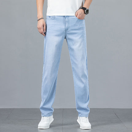 2025 Light Tencel Jeans Men's Straight Tube Loose Summer Thin Blue and White High-end light blue Casual Trousers