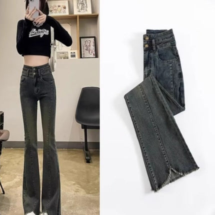 Women's Flared Pants 2025 Spring High-Waisted Tummy-Concealing Slightly Chubby Front Slit Tassel Flared Denim Floor-Length Pants