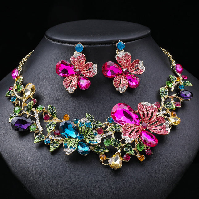 2022 New Color Flower European and American Necklace suit Women's Light Luxury Showy Bride Necklace Painted Oil Gem Clavicle Chain