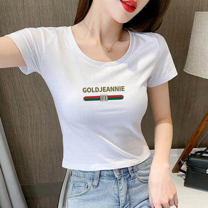 White T-Shirt Women's Short-Sleeved Round Neck Exposed Navel High-Waisted Short Summer Tight-Fitting Crop Top 2025 New T-Shirt