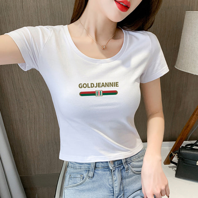 White T-Shirt Women's Short-Sleeved Round Neck Exposed Navel High-Waisted Short Summer Tight-Fitting Crop Top 2025 New T-Shirt