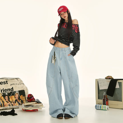 Raccoon House # American Retro Silhouette Washed Scimitar Jeans Unisex High-Waisted Loose Deconstructed Design Floor-Length Pants for Women