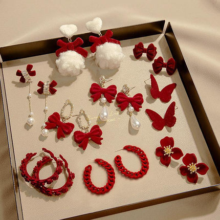 925 Silver New Wine Red Flocking Earrings Elegant Atmosphere Bow Rose New Year Spring Festival Chinese Style Earrings