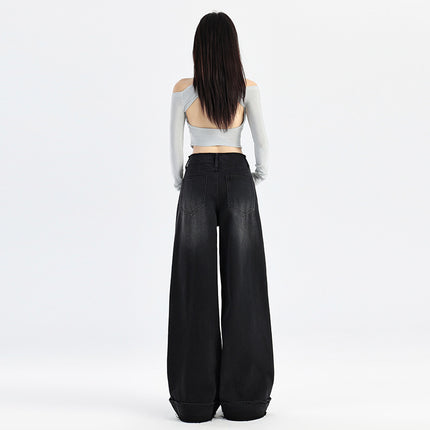 American Style Black Grey Wide Leg Jeans Women's Autumn 2024 New High Waist Double Buckle Loose Slimming Curl Edge Mop Pants