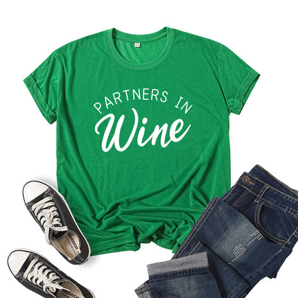 Foreign Trade Cross-border PARTNERS IN WINE Printed Short-sleeved Crewneck T-shirt European and American Men's and Women's Top Loose Casual