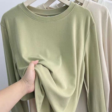 All-Match Good Wearing Solid Color Net-Style Fleece Crewneck Long-Sleeved T-Shirt Women's Double-Scrub Fleece-Lined Thickened Inner Top