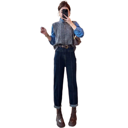 Early autumn wear a set of women's 2025 new academic style fake two-piece contrast sweater high waist jeans two-piece set