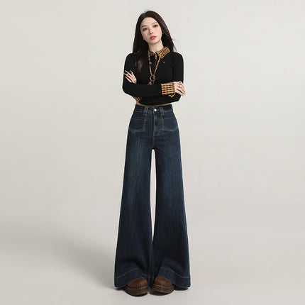 Early Autumn New Stylish Versatile Wide-Leg Jeans for Women with Unique Design Pockets, High Waist, Tummy Control, Slimming Flare Pants