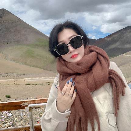 Mohair cold-proof brushed thickened Korean style solid color scarf scarf women's autumn and winter neck protection warm big tassel New