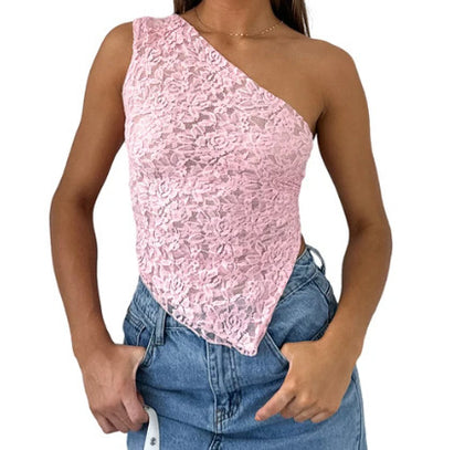 M23Tp740 European and American Clothing 2024 Amazon New Pure Color Exposed Waist Asymmetric Slope Collar Top Cross-Border Wholesale