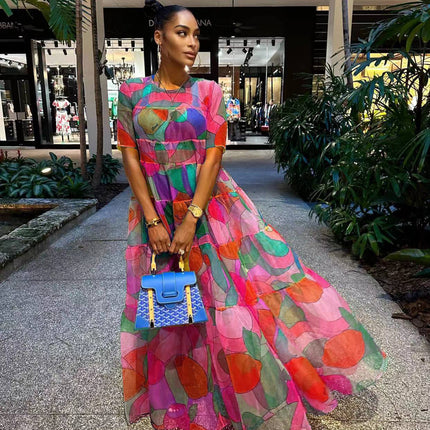 31272 cross-border supply of European and American women's new Amazon independent station wholesale hot mesh printing dress