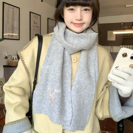 Japanese Style Cute Bow Scarf Winter Women's New Style Atmosphere Cold-proof Warm Neck Knitted Scarf Embroidery