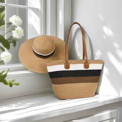 Cross-Border Straw Hat Straw Bag Two-Piece Set Sun Hat Large Capacity Striped Tote Bag Shoulder Bag Beach Bag Factory Store