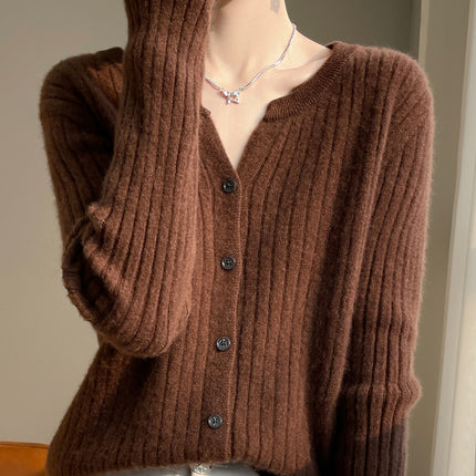 Autumn and Winter New Versatile Loose Sweater Niche Short Cardigan with Round V-Neck Design Ribbed Knit for Women