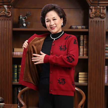 Autumn and Winter Thickened Middle-aged and Elderly Sweater Wool Pure Face Solid Color Jacket Cardigan Elderly Couple Dress Red Festive Parents