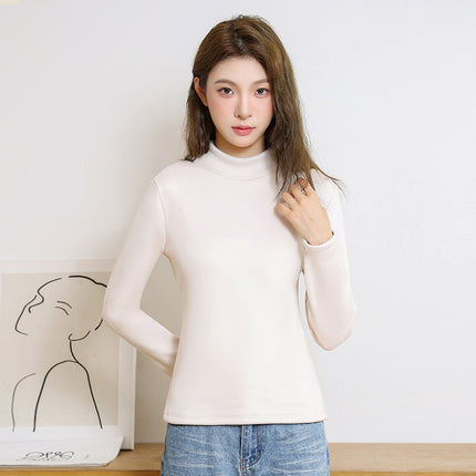 New Women's Base Layer Top for Autumn and Winter, Red Long-Sleeve Brushed Fleece Thickened Thermal Underwear Versatile High-Neck Top