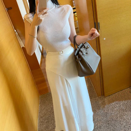 South Korea Dongdaemun Elegant Elegant Sexy Figure Half High Neck Slim-fit Slimming All-match Sleeveless Knitted Top for Women