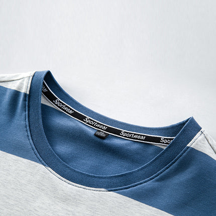 Mingdi Mouse Men's Summer New Casual Short-sleeved Crewneck Plus Size T-shirt Business Striped Pure Cotton Men's T-shirt