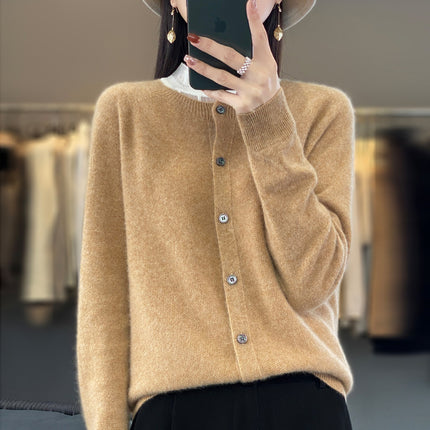 Round neck first-line clothing pure wool sweater cardigan coat women's osmanthus needle knitted bottoming shirt long sleeve solid color top