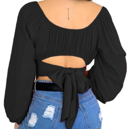 Women's Plain Cut Out Tie Back Off Shoulder Bishop Sleeve