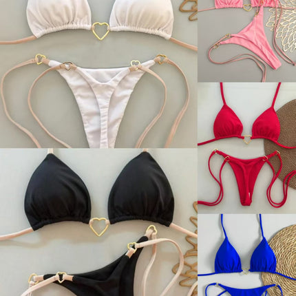 2025 New European and American Metal Decorative Halterneck Push-Up Bikini Brazilian Sexy Pure Color Split Swimsuit Bikini