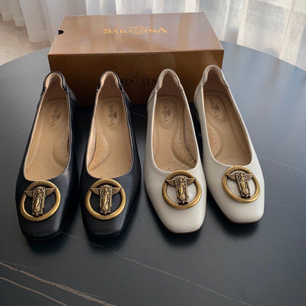 Shallow Mid-Heel Square-Heeled Shoes, Goatskin Sweet Buckle Flats, Pure Original Italian Memory Foundation, Good-Feeling Women's Shoes, Comfortable