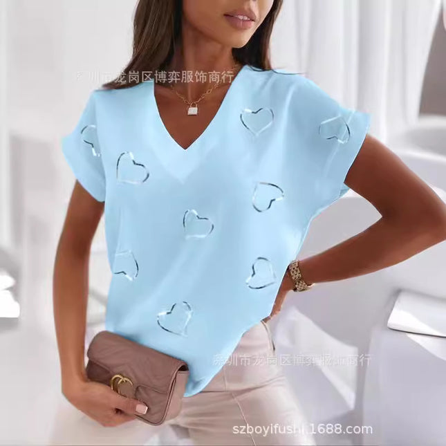 2023 New Hot Independent Station Loose V-neck Love Printed Short Sleeve T-Shirt for Women