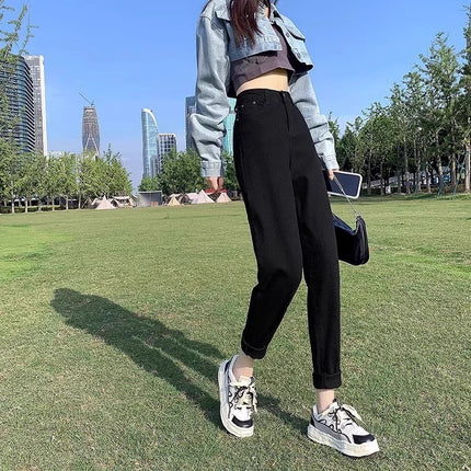 fleece-lined Thickened Black Harlan Turnip Jeans Women's Fashionable All-match New Solid Color High Waist Slimming Dad Pants