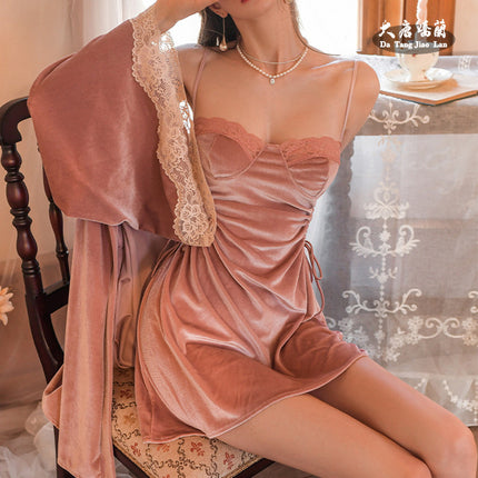 3053 Gold Velvet Shake Fast Live Broadcast Influencer Picks Lace Cut Out Pajamas for Women Pure Desire Suspender Nightgown Set Accessible Luxury