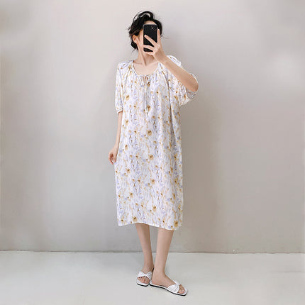 2026 New Cotton Silk Nightgown for Women, High-End Printed Short-Sleeved Long Dress, Large Size, Thin Style, Can Be Worn Outside as Loungewear