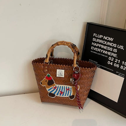 Hand-Held Vegetable Basket, Dachshund Dog Retro Woven Bag, Rattan Commuting Holiday Style Large-Capacity Beach Bag, Bamboo Hand Carry