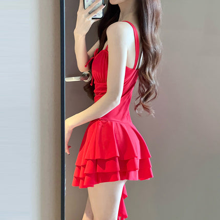 Red Swimsuit for Women in Summer, White, Conservative, Belly-Covering, Slimming Look, Internet Celebrity, Pure Lusty Style, High-End Hot Spring Bathing