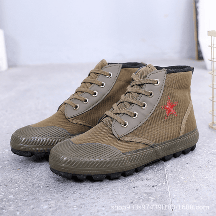 Military-Style Red Five-Star High-Top Liberation Shoes with Rubber Soles, Training Shoes with Linen Midsoles for Summer, Comfortable and Versatile