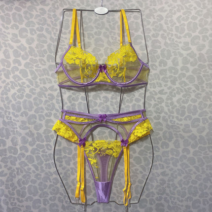 European and American Cross-Border New Products Popular High-Quality Women's Flower Embroidered Bra See-Through Sexy Bow Underwear Set