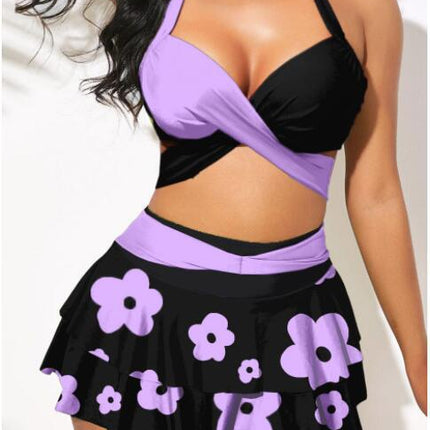 2024 New Cross-border European and American Sexy Split High Waist Ruffled Printed Bikini Swimsuit Women Bikini