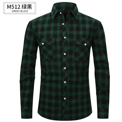 Spring and Summer Slim Amazon Fashion Brushed Plaid High-End Long-Sleeved Double Pocket Flannel Men's Shirt
