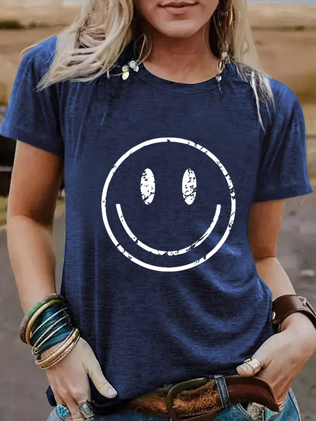 Amazon European and American summer women's smiling face pattern round neck short sleeve casual fashion T-shirt foreign trade women's explosive