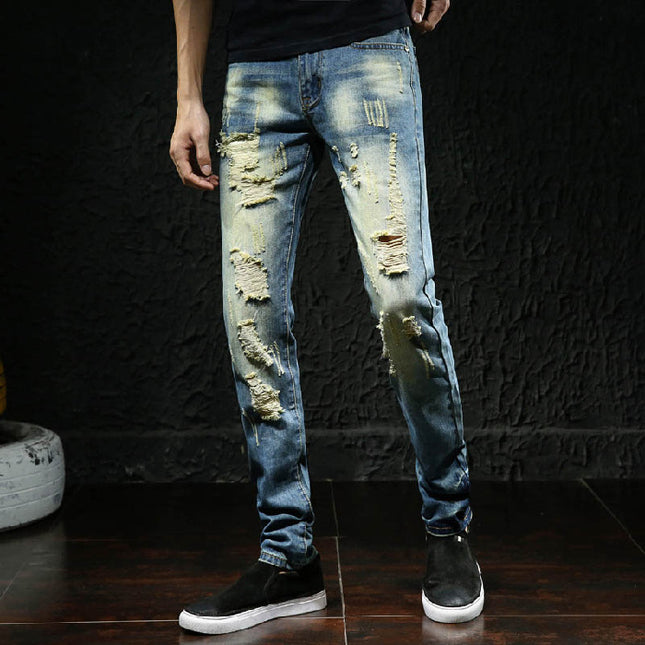 2025 Autumn Ripped Light Blue Jeans Men's Trendy Brand Slim Small Straight-Leg Pants Trendy Easiest for Match Beggar Pants
