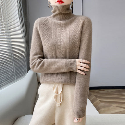 New Autumn and Winter Turtleneck Cable Knitwear Women's Knitted Bottoming Knitwear Long-sleeved Loose Slimming Look Versatile Thickeneded Top