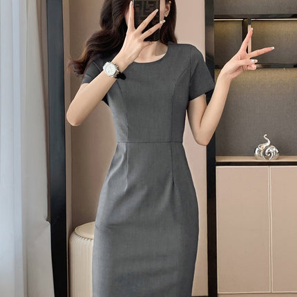 Gray Short-Sleeved Dress for Women Summer 2025 New Jewelry Store Work Clothes Waist Slimming Look Professional Elegant Skirt