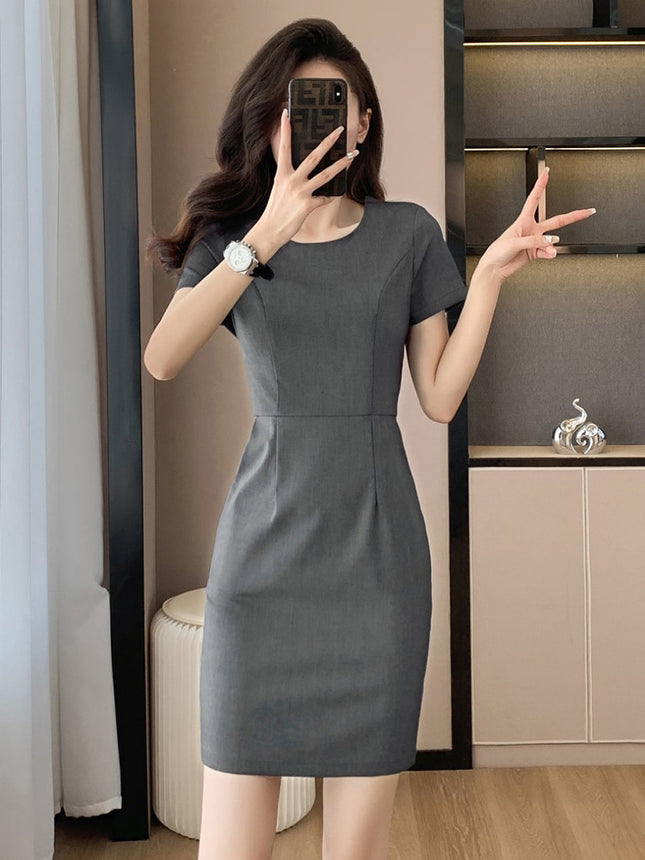Gray Short-Sleeved Dress for Women Summer 2025 New Jewelry Store Work Clothes Waist Slimming Look Professional Elegant Skirt