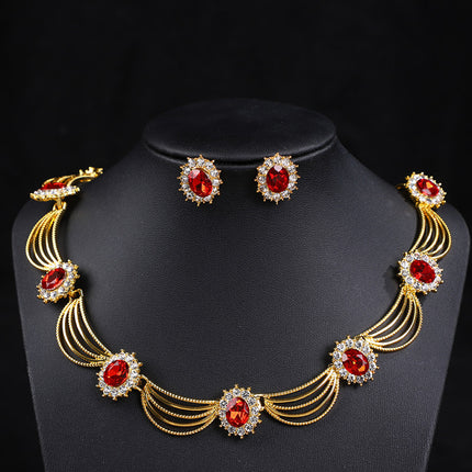 Cross-Border Gemstone Necklace, Artistic Retro Medieval Court Jewelry, Fan-Shaped Aesthetic Internet Celebrity Style Necklace and Earrings Set