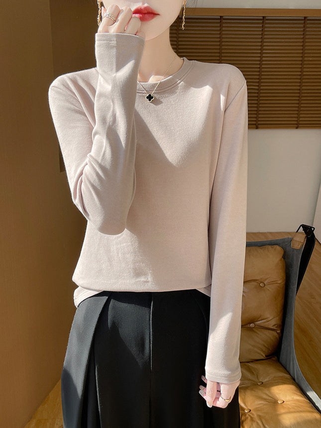 Autumn and Winter New Velvet Bottoming Knitwear for Women, Warm Cotton, Classy Quality Round Neck, Simple and Versatile Inner Long-Sleeved Knitwear