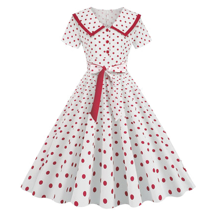 2025 Cross-Border Foreign Trade New Style Lapel Retro Polka Dot Repair Slim Retro Large Hem Dress with Belt Ready for Sale