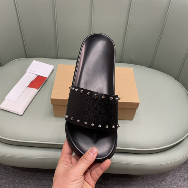 2024 New European and American Middle East Dubai Men's Rivet Decorated Flat Slippers Genuine Leather Slippers Manufacturer Wholesale