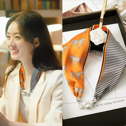 2026 New Magnetic Buckle Small Silk Scarf with Geometric Patterns and Rhinestones, Magnetic Necklace Scarf, Women's Hairband Scarf